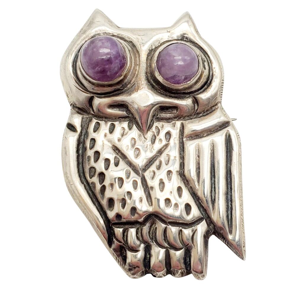 Large Mexican Sterling Silver Owl Brooch Taxco Purple Eyes 925 Artisan Bird Pin